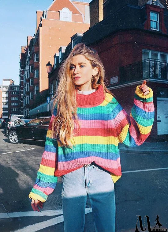MidiSono - Loose Rainbow Colorful Stripe Sweater