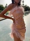 Bandeau Split-Joint Feathers Off-The-Shoulder Mini Dress