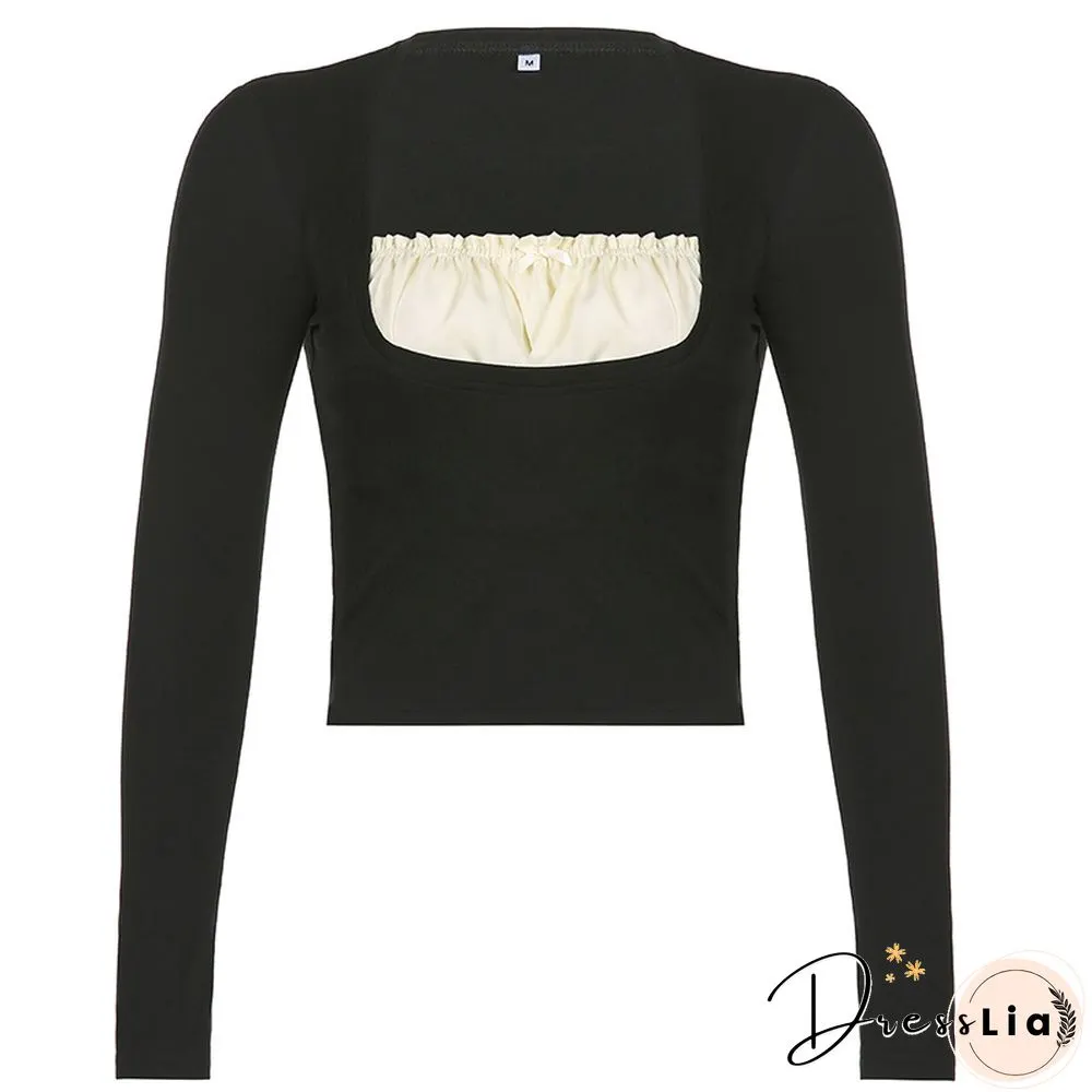 Square Neck Ruffled Pleated Long-Sleeved T-Shirt