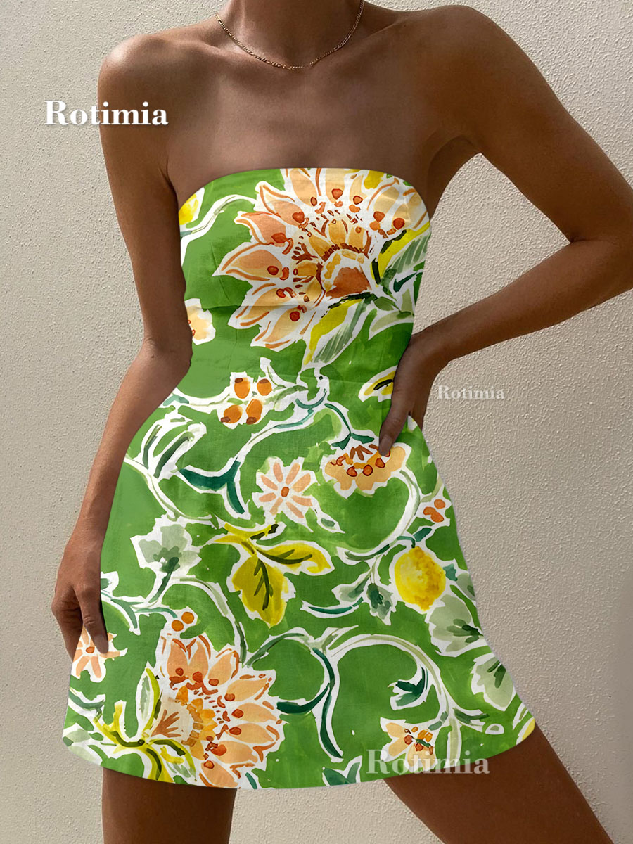 Green Flower Print Sleeveless Strapless Dress