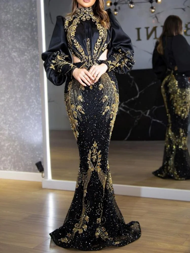 Promsstyle Promsstyle Puff sleeve sequin gorgeous decoration waist hollow mermaid dress Prom Dress 2023
