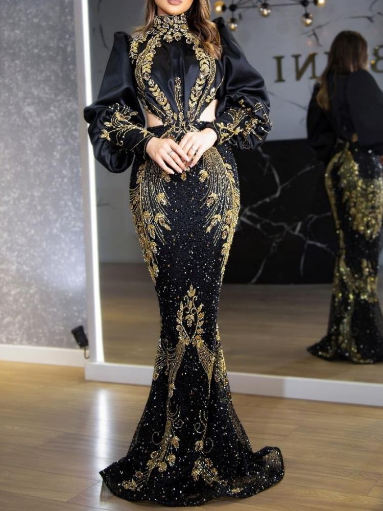 Promsstyle Promsstyle Puff sleeve sequin gorgeous decoration waist hollow mermaid dress Prom Dress 2023