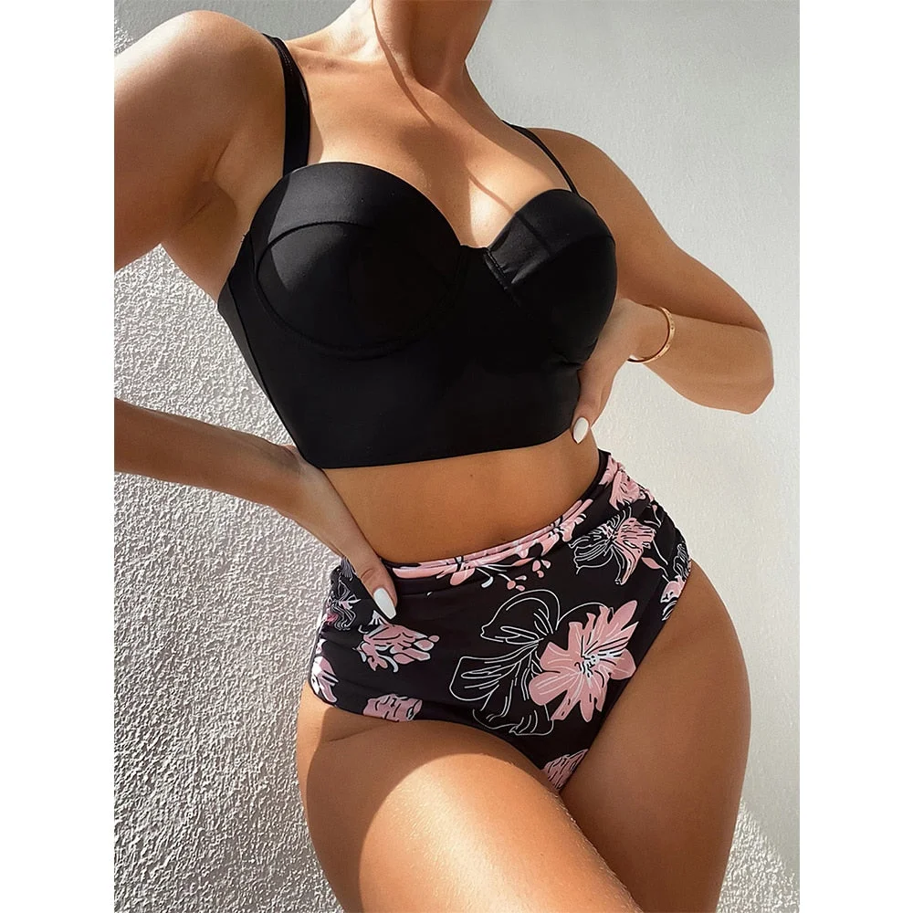 2021 New Push Up Sexy Bikini Set High Waist Swimwear Women Swimsuit Female Bathing Suit Bather Leaf Print  Beachwear biquini