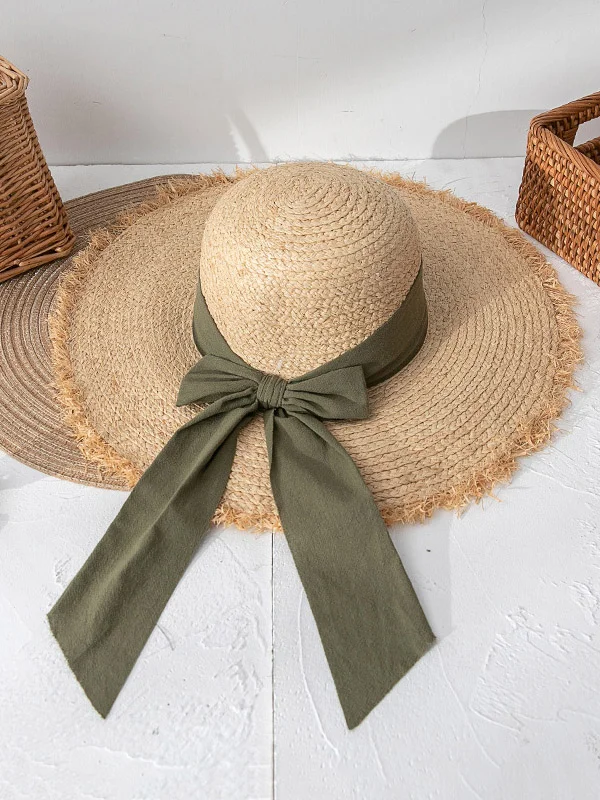 Solid Color Sunscreen Straw Bow-Knot Woven Breathable Beach Hat