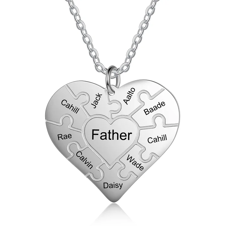 Personalized Heart Puzzle Necklace Engraved 9 Names Family Necklace