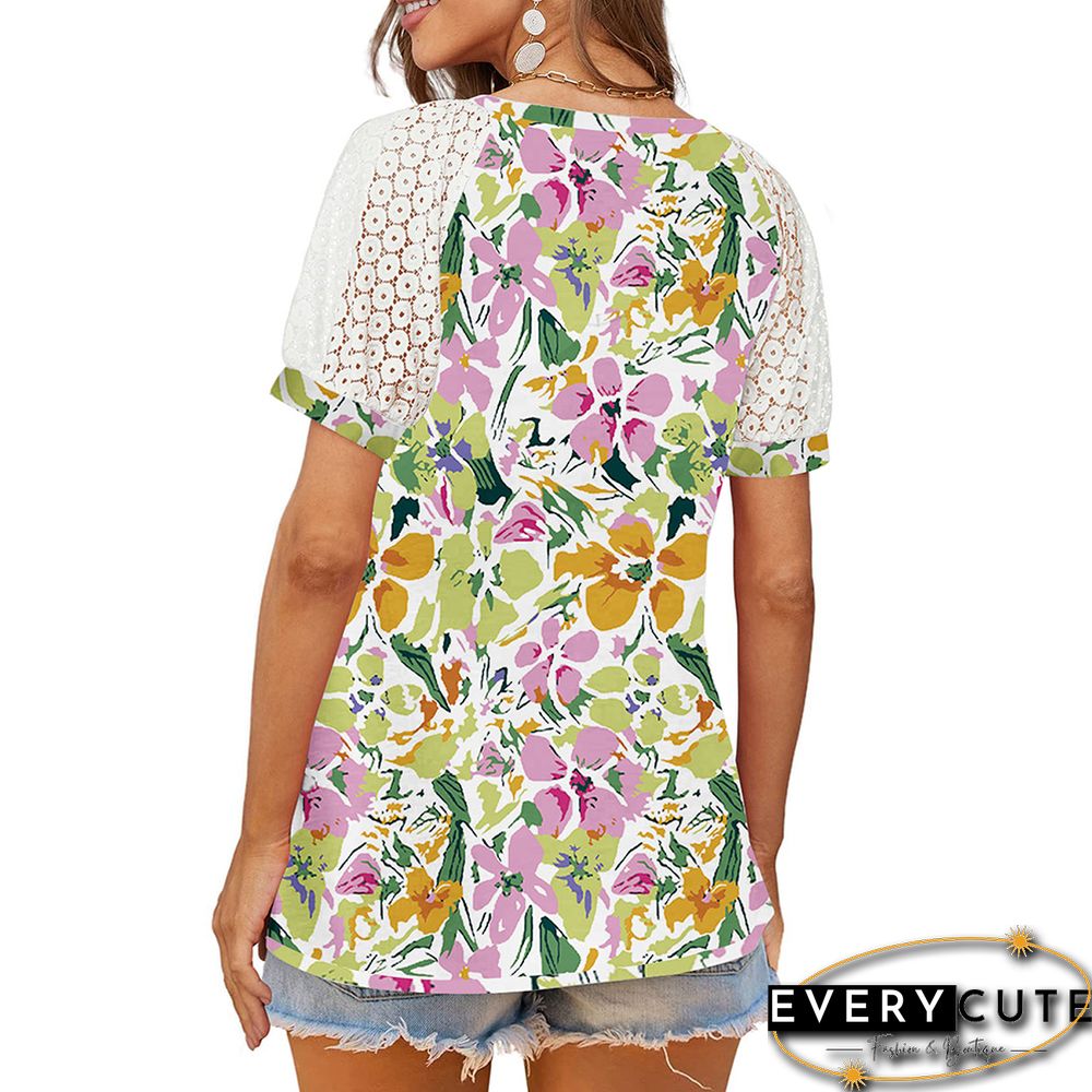 Purple Floral Print Spliced Lace Sleeve V Neck Tops
