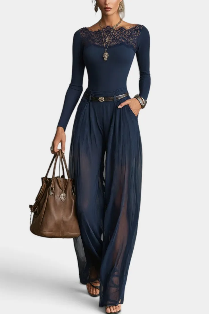 Lace-Neckline Jersey Top with Pleated Wide-Leg Trousers