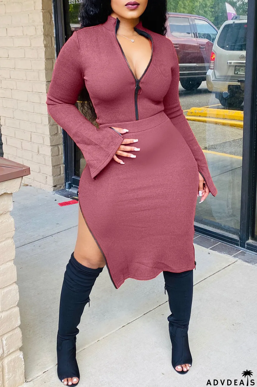 Beige Casual Solid Chains V Neck Long Sleeve Regular Sleeve Two Pieces