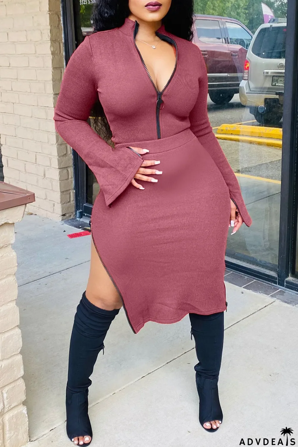 Beige Casual Solid Chains V Neck Long Sleeve Regular Sleeve Two Pieces