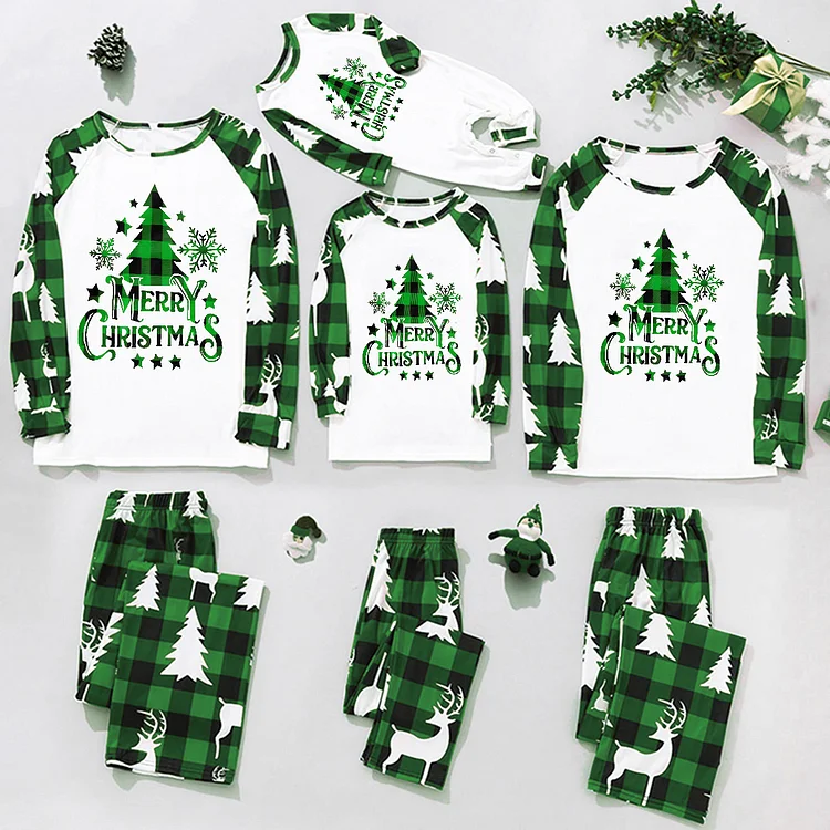 Merry Christmas Tree Green Print Holiday Family Matching Pajamas Sets