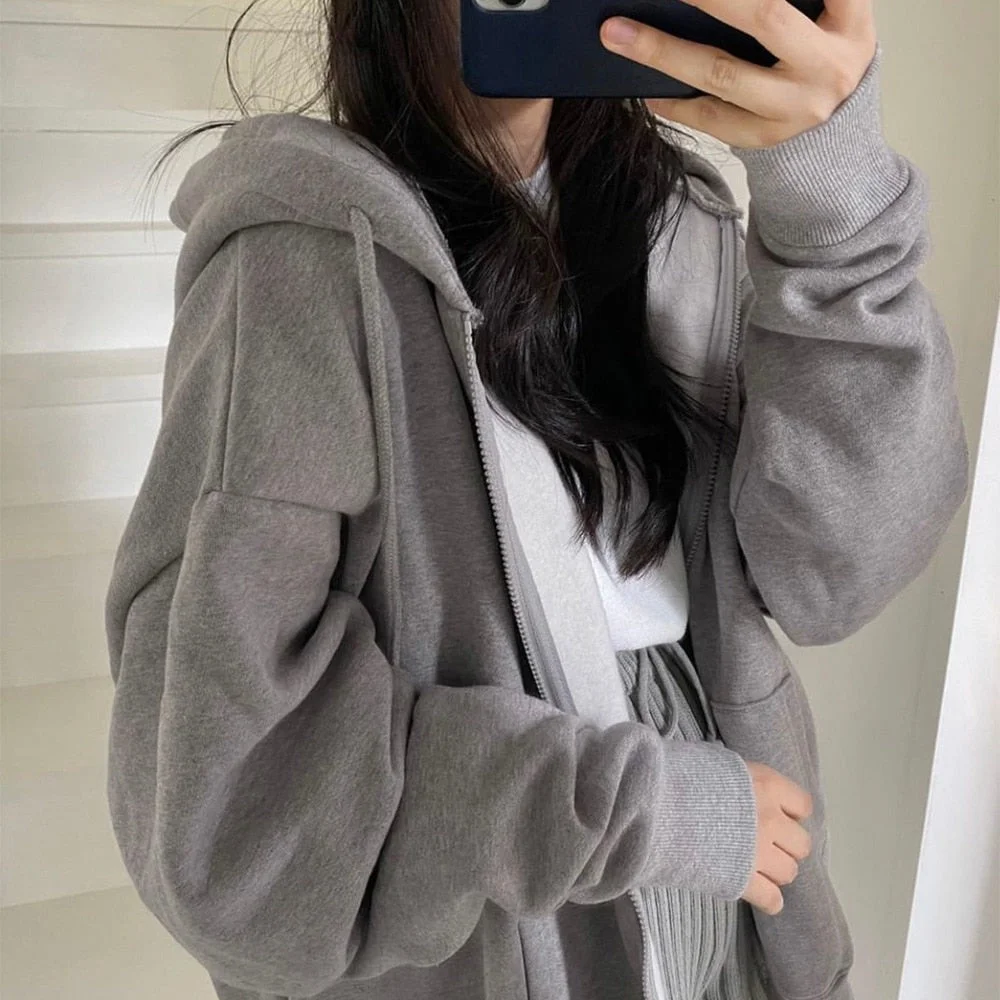 Women Hoodies Harajuku Korean Version Loose Oversized Sweatshirts Vintage Solid Color Long Sleeve Hooded Sweatshirt Zipper Coats