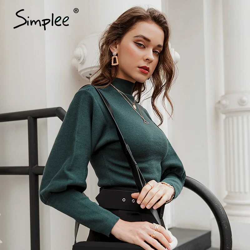 Simplee Autumn winter knitted sweater High collar Lantern Sleeve loose women's sweater High street fashion pullover 2020 jumper