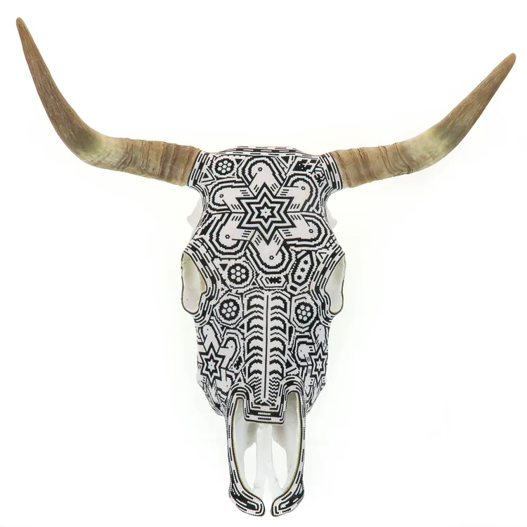 (2)Huichol Beaded Bull Skull Wall Mount Mexican Folk Art