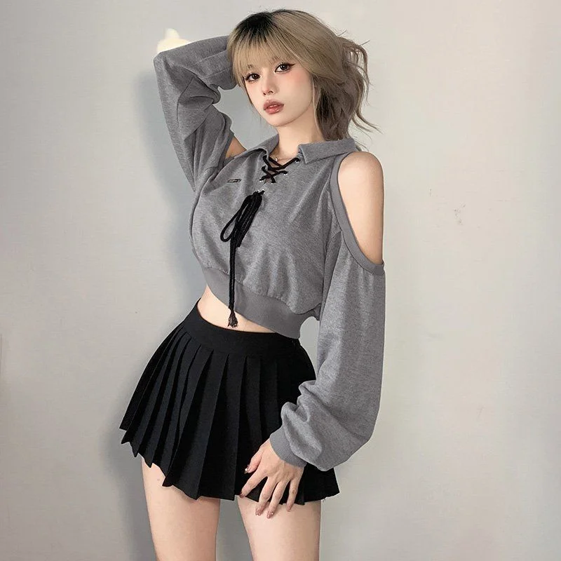Ueong Spice Girl Vintage Straps Hollowed Out To Show Thin Polo Collar Long-Sleeved Hoodie Girl Beware Of Shoulder-Exposed Blouse