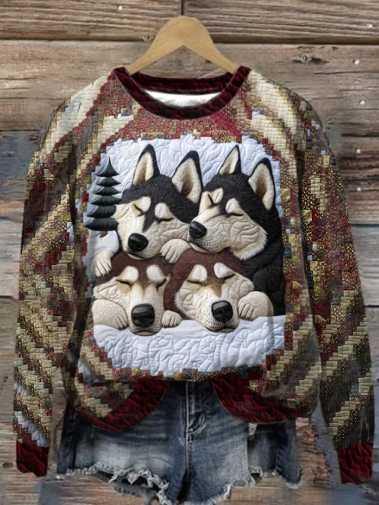 Retro Sleeping Husky Print Sweatshirt elevenforest