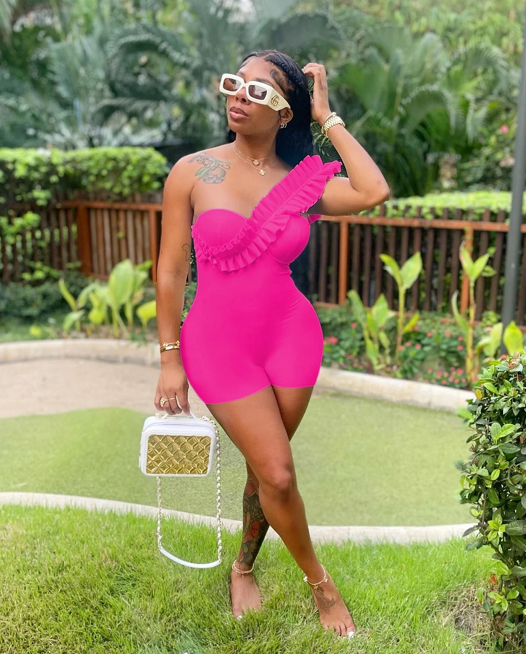 CM.YAYA Women Ruffles Spicing One Shoulder Sweetheart Neck White Bodycon Stretch Romper and Playsuit 2022 Summer Sexy Overall