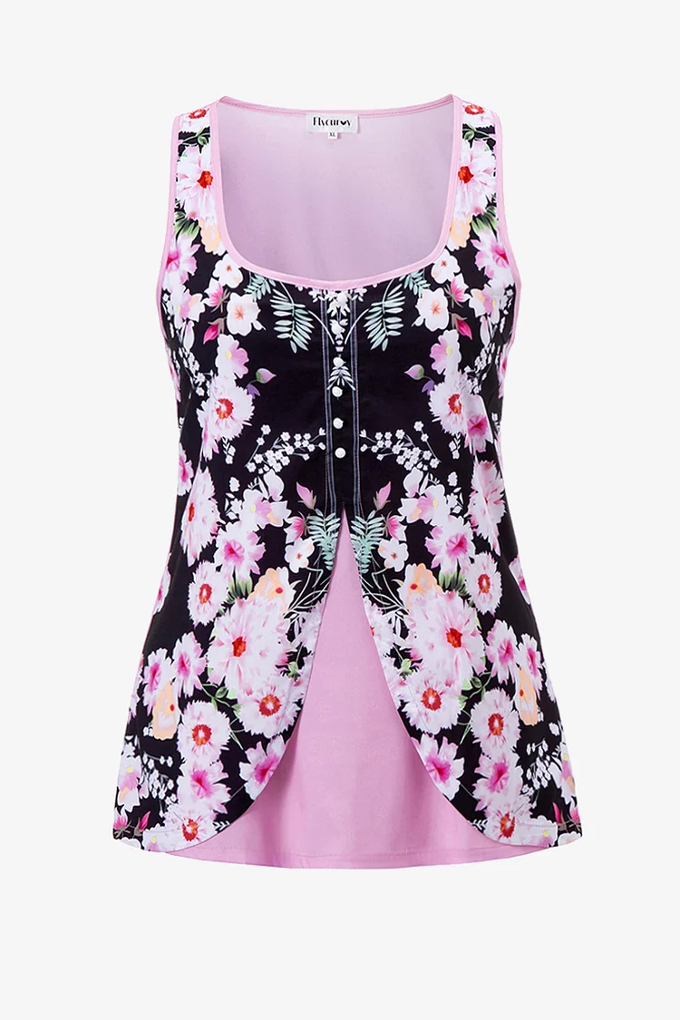 Plus Size Floral Print Decorative Button Faux Two Piece Tank Top  Flycurvy [product_label]