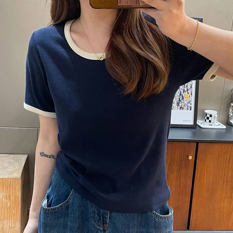 Wongn Color Threaded Round Collar Short-Sleeved T-Shirt Women's New Slim And Unique Chic Blouse In Spring And Summer