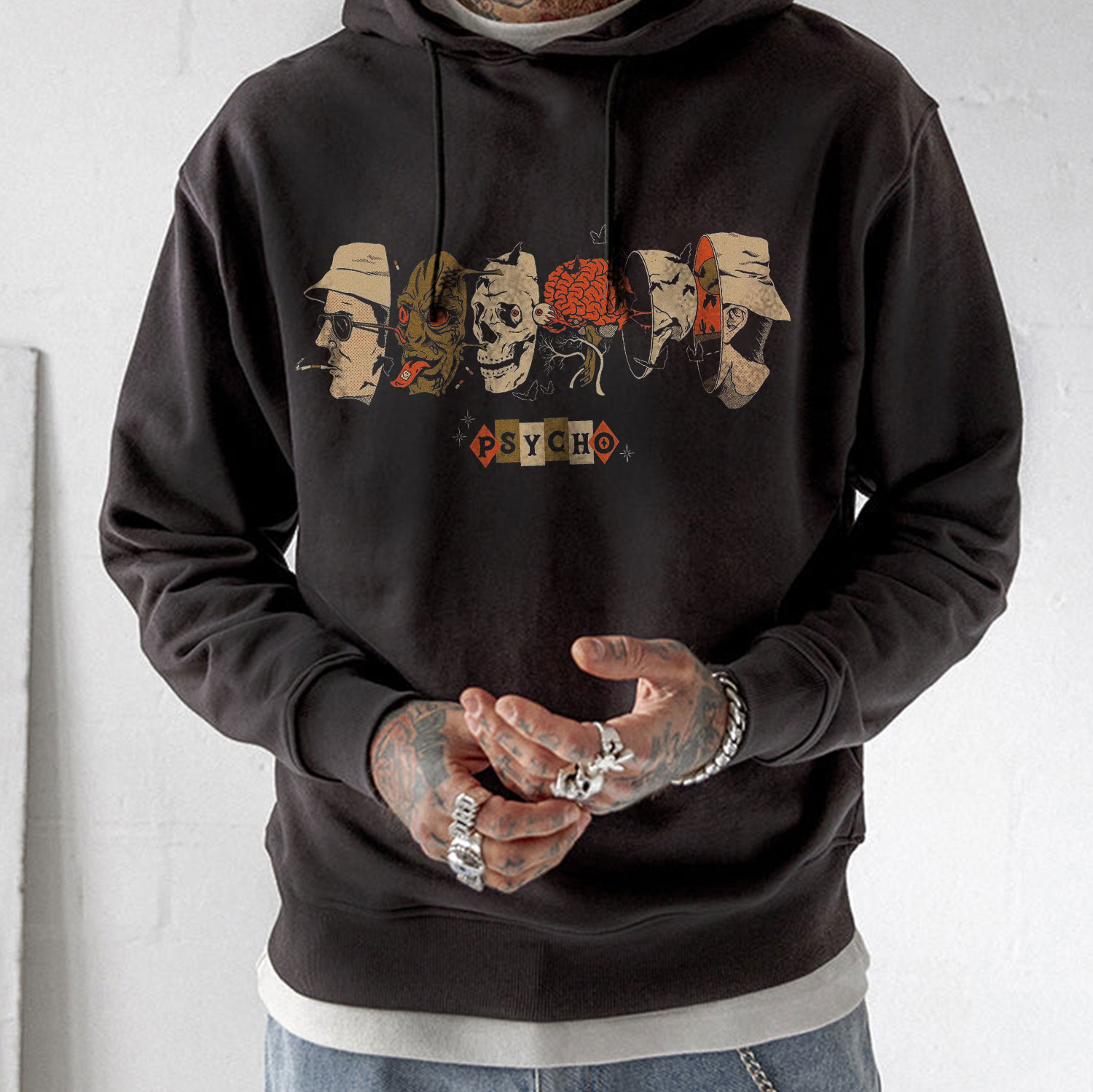 PSYCHO Skulls with Hats Graphic Casual Black Print Hoodie