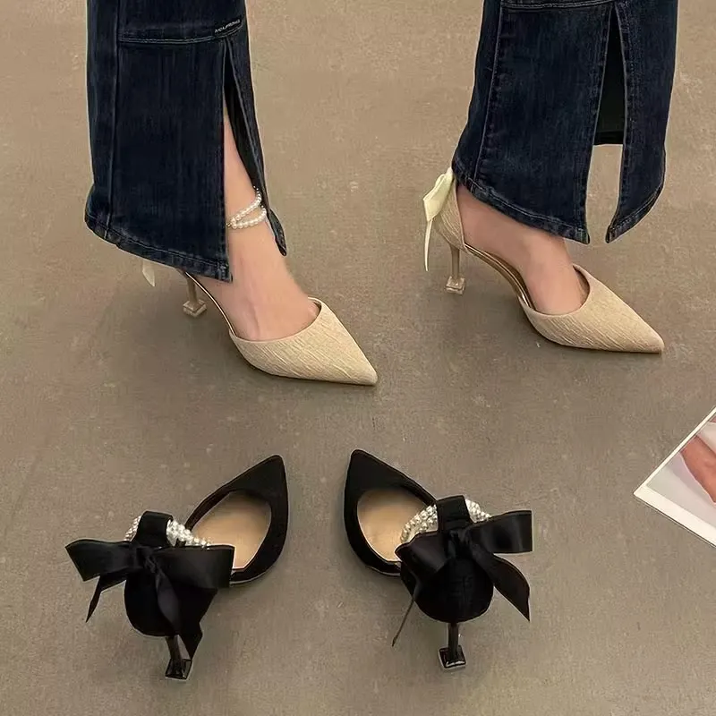Breakj Breakj Word With High Heels Women 2025 Spring And Summer New Pointed Thin Heel Bow Head Hollow Sandals