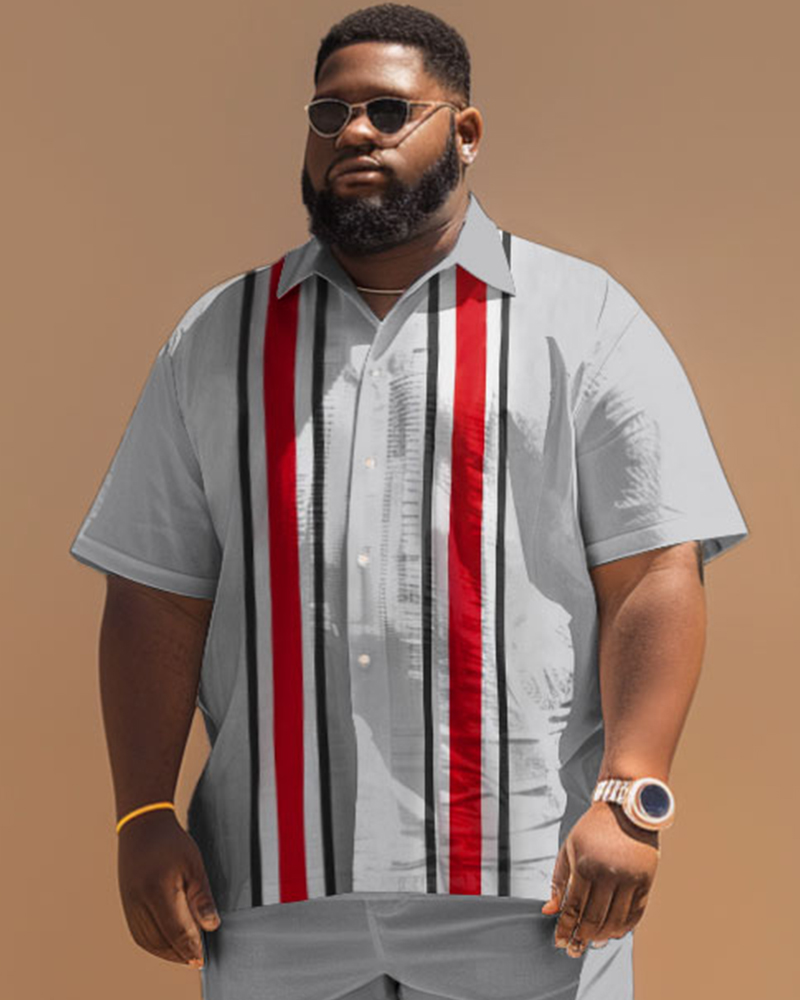 Men's Plus Size Beach Casual Stripe Bowling Short Sleeve Shirt