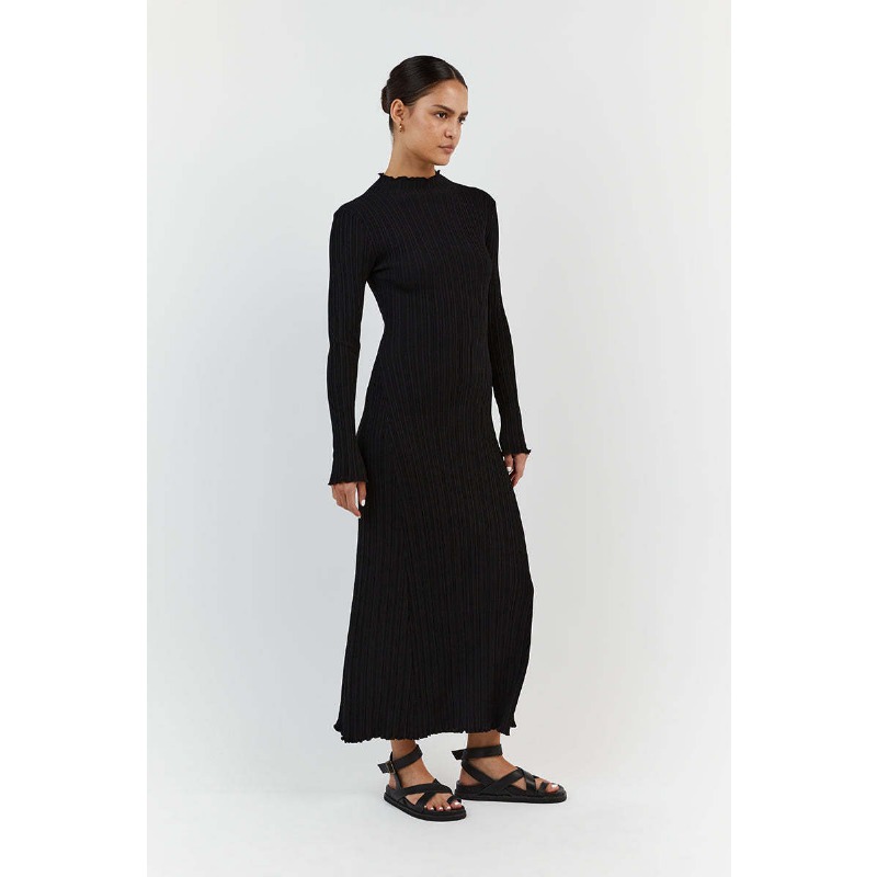 Ootddress Autumn Ruffled Knitwear Long Dress Female Long Sleeve Loose Ribbed High Waist Maxi Dress Streetwear Knit Solid Women Dress