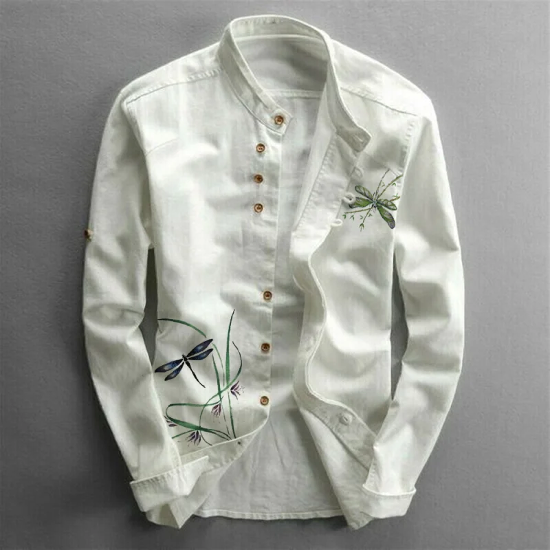 Men's Dragonfly Printed Standing Neck Casual Long Sleeve Shirt