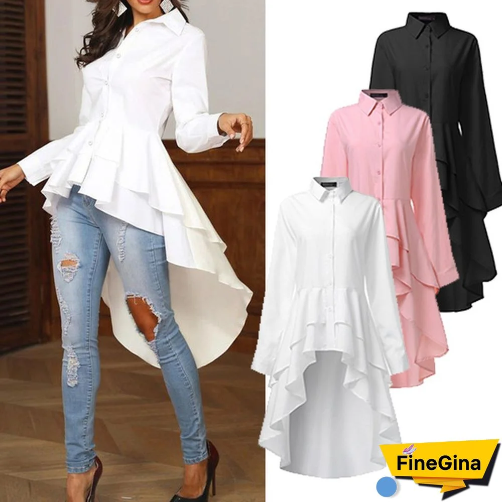 Ladies Fashion Elegant Casual Loose Long Sleeve Button Down Solid Color Shirt Tops High Low Irregular Hem Blouse