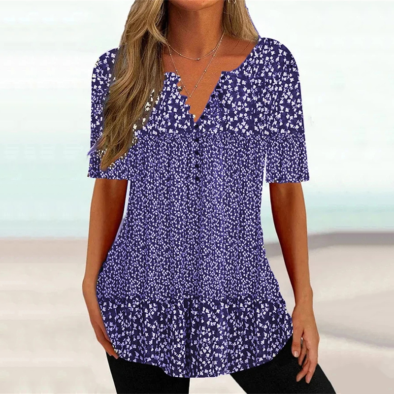 Printed V-Neck Button Loose Casual Blouse wearshes