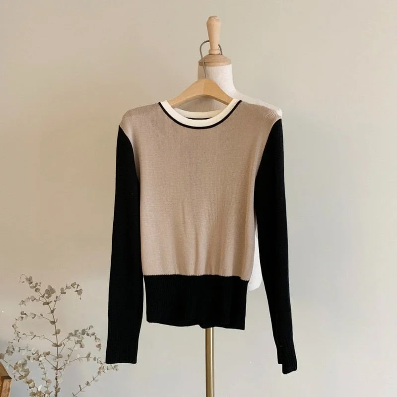 2021 autumn and winter new all-match warm sweater Slim slimming sweater contrast color short knit top bottoming shirt 16493