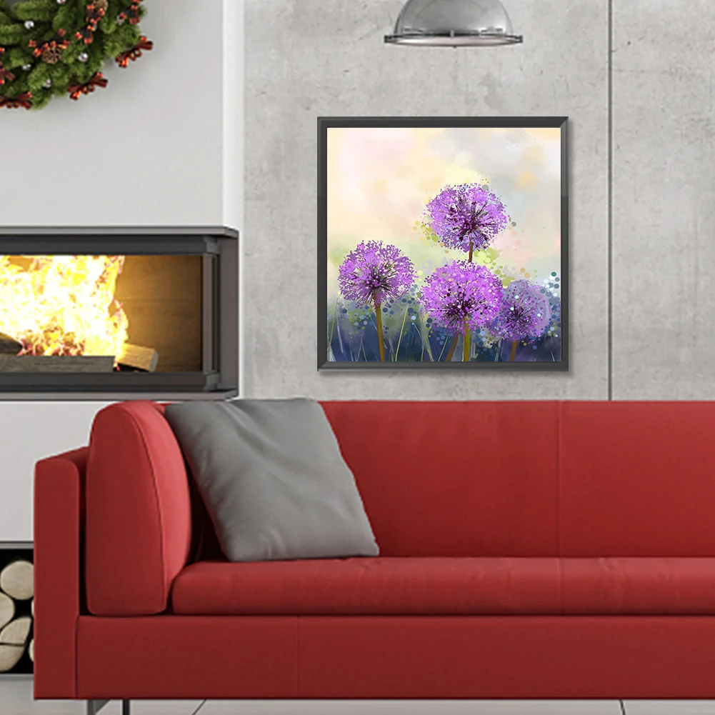 5D DIY Full Round Drill Diamond Painting Purple Dandelion Kit Home Decor 30x30cm