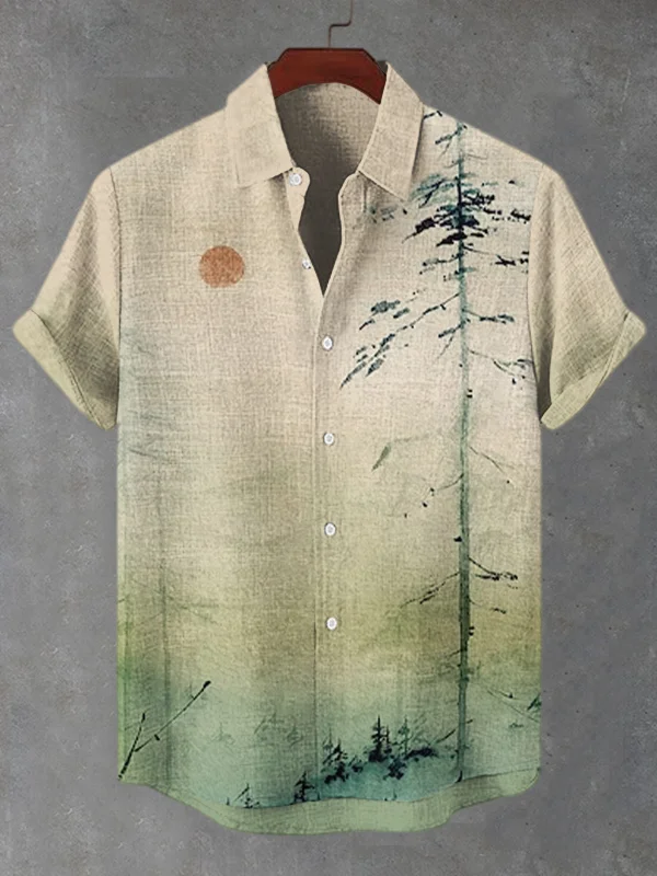 Men's Japanese Mountain Sunrise Painting Art Print Casual Shirt