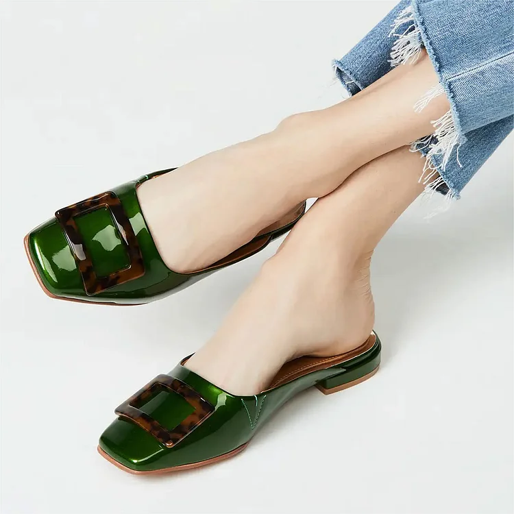 Green Patent Leather Square Toe Flat Mules with Tortoiseshell Buckle |FSJ Shoes