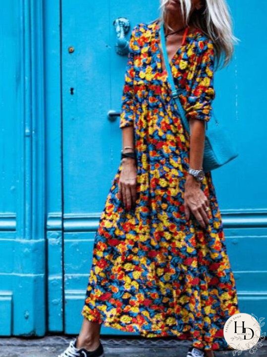 Dresses Vintage Print V-Neck Long Sleeve Dress for Women