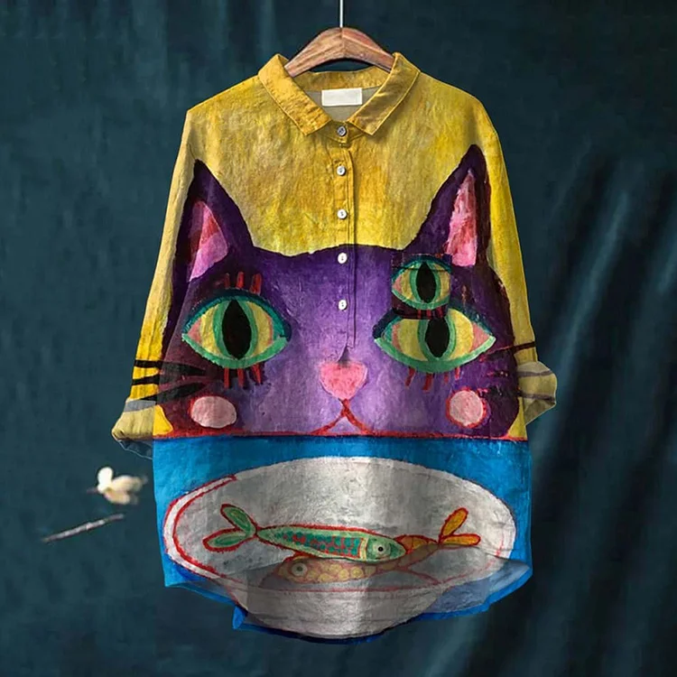 Cat Print Casual Cotton And Linen Shirt