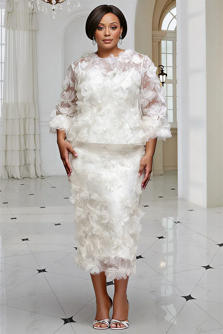 Xpluswear Design Plus Size Cocktail Party White Round Neck 3/4 Sleeve 3D Bodycon Two Piece Skirt Sets 2024 - Xpluswear