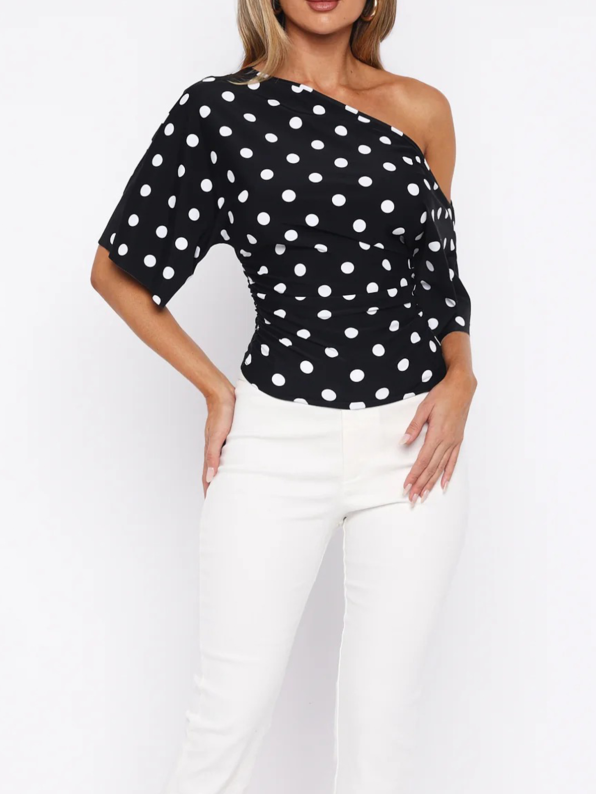 One-Shoulder Polka Dot Ruched Half-Sleeve Top - HIGIANNA&reg;