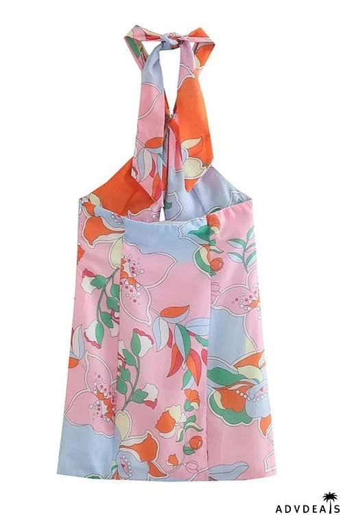 Print Halter Neck Backless Mini Dress