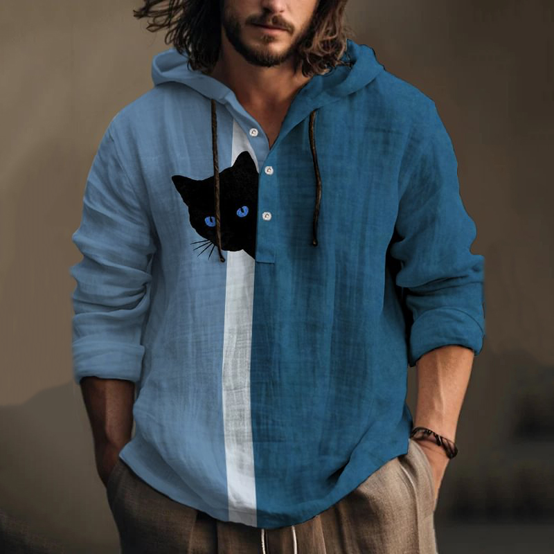 Men's Fun Hide And Seek Black Cat Print Hooded Shirt  artssus