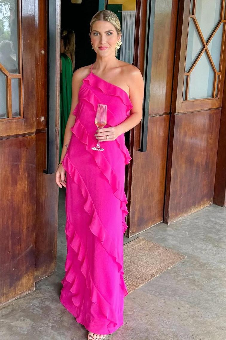Oknass One Shoulder Sleeveless Long Mermaid Prom Dress With Ruffles 