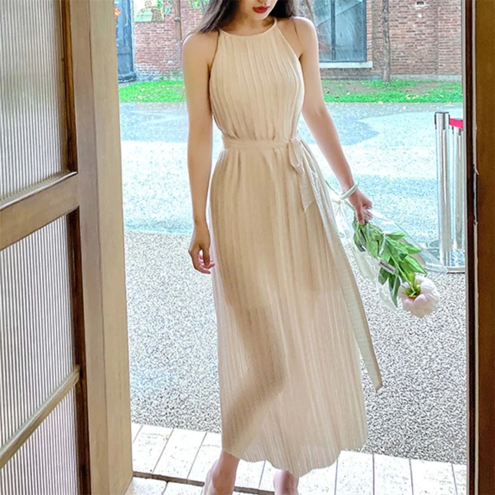 Jangj Alien Kitty Apricot Pleated Long Dress Elegant Solid Folds Chic Summer 2022 Prom Sexy Slim Casual Office Lady Vestidos