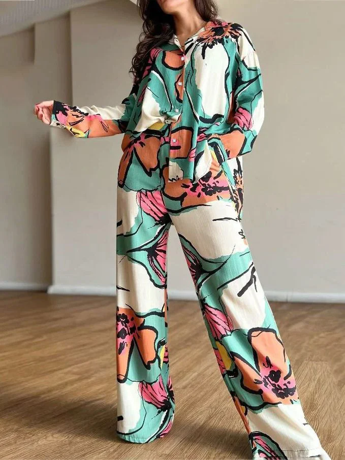 Flower Print Buttoned Lapel Blouses Top + High Waisted Wide Leg Pants Bottom Two Pieces Set