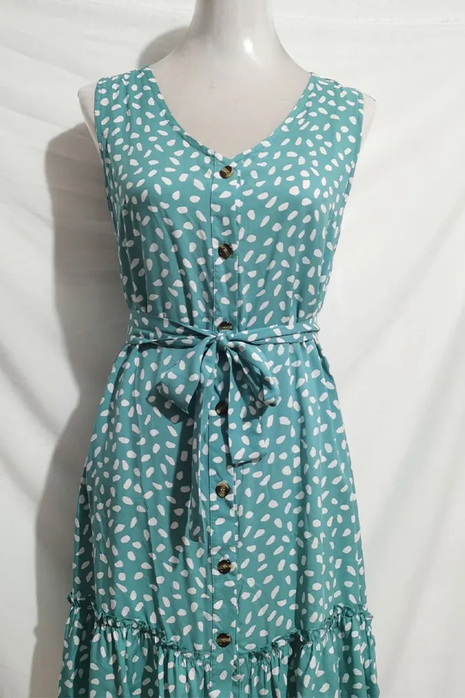 V Neck Buttoned Printed Sleeveless Dress With Sash