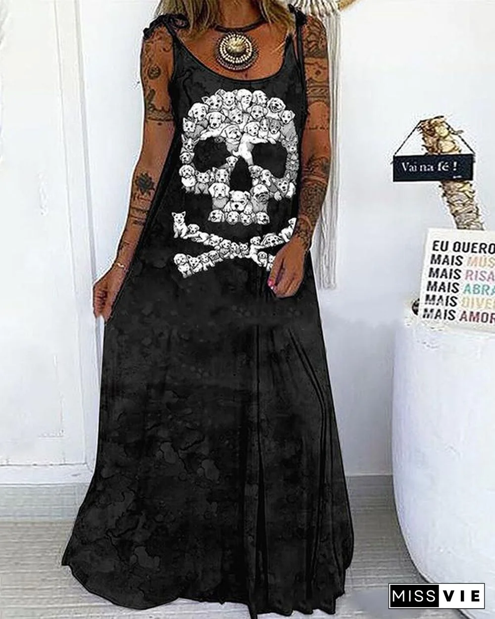 Skull Print Lace up Spaghetti-Strap Sexy Maxi Dress