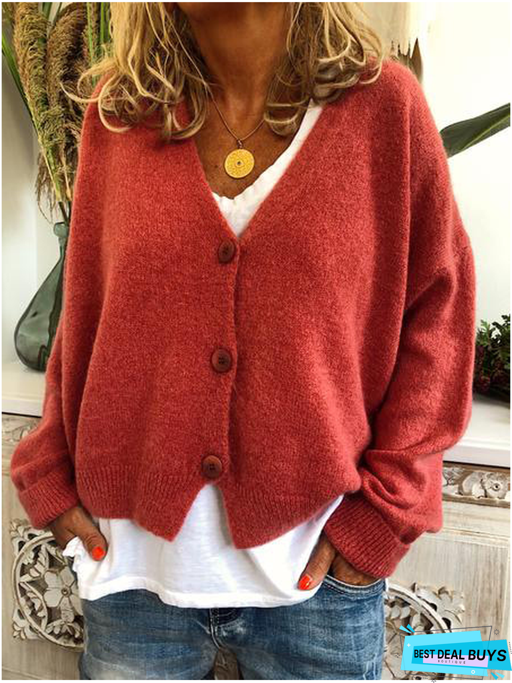 Fashion Solid Cardigan Wool Blend Sweater