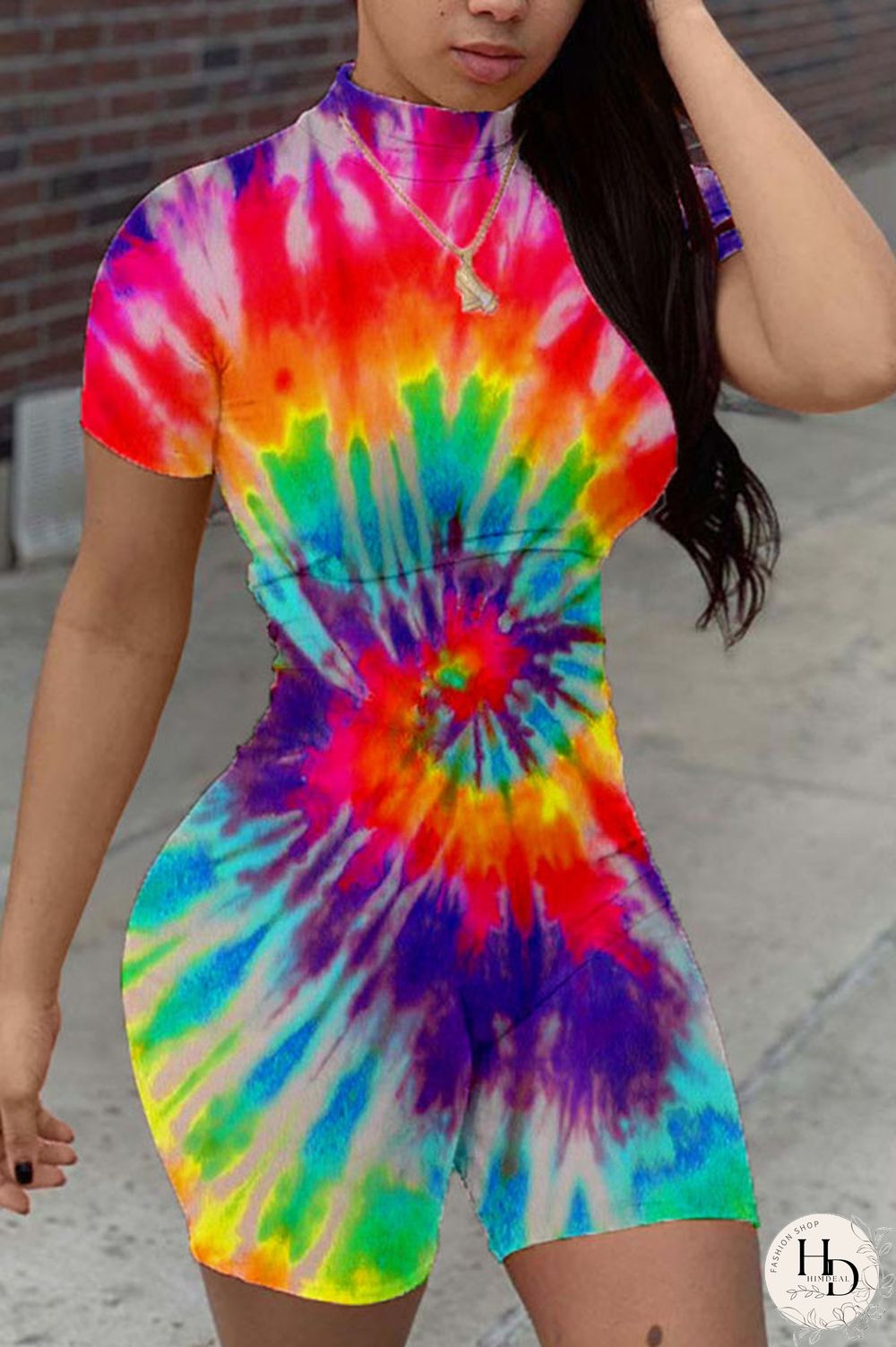 Red Fashion Casual street Print Tie-dyed Polyester Short Sleeve O Neck Jumpsuits
