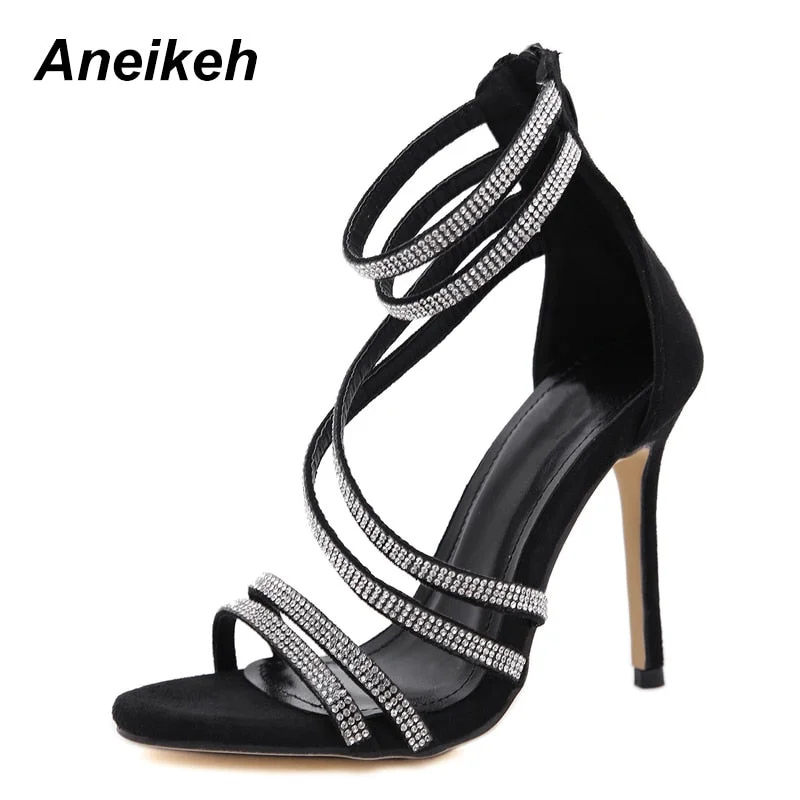 Aneikeh Gold Bling Crystal Sexy Women Sandals Open Toe Rhinestone Straps Cross High Heel Sandals Wedding Dress Shoes Size 35-40