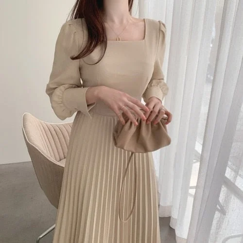 Vintage Korea Chic Pleated Folds Party Dresses for Women Long Sleeve Casual Woman Bodycon Dress Evening Vestidos Autumn 2023 New
