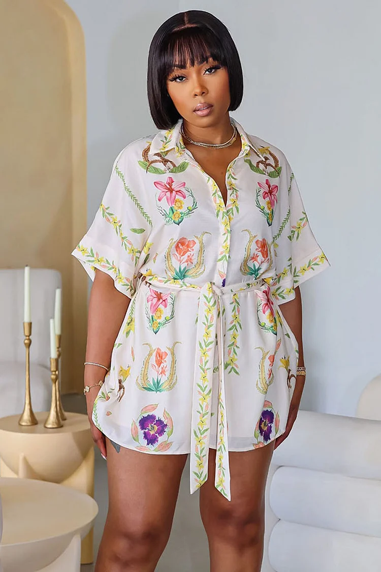 Half Sleeve Floral Print Ribbon Loose-Fit Romper Playsuit-Beige [Pre Order]