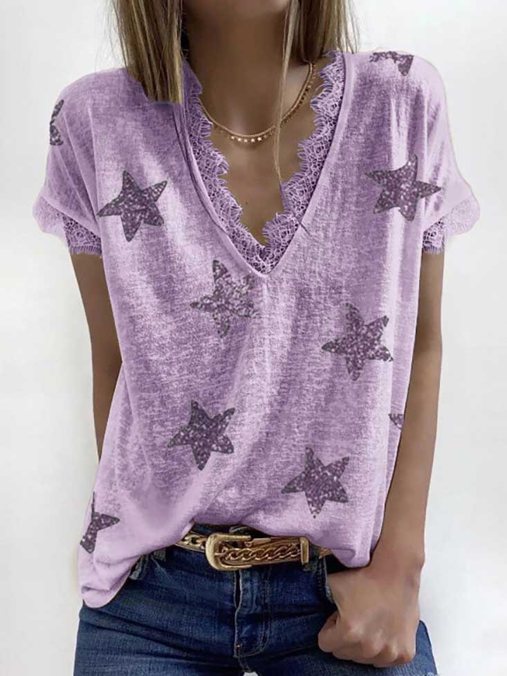 Women V-neck Short Sleeve Star Printed Lace Stitching Top T-shirt